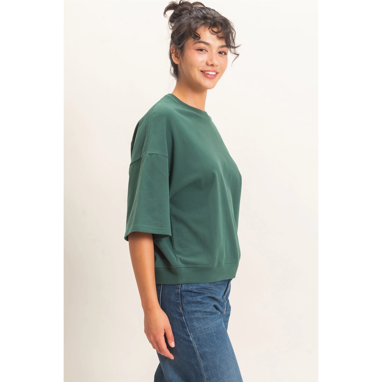 Dark Green Washed Crew Neck Short Sleeve Top