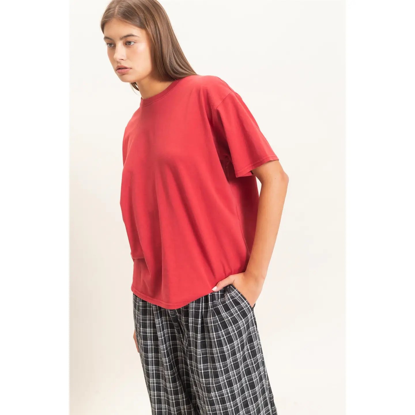 Dark Red Crew Neck Pigment Dye T-Shirt