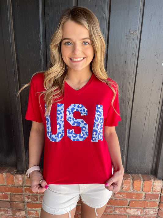 USA red v neck with blue leopard print