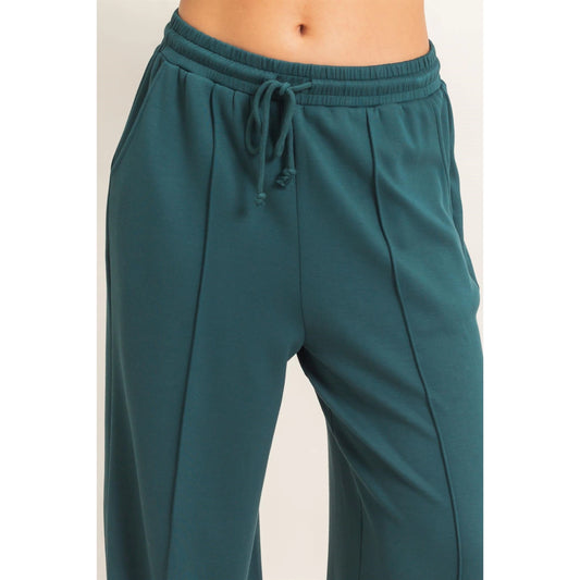 Deep Green Drawstring Waist Pintuck Wide Leg Pants