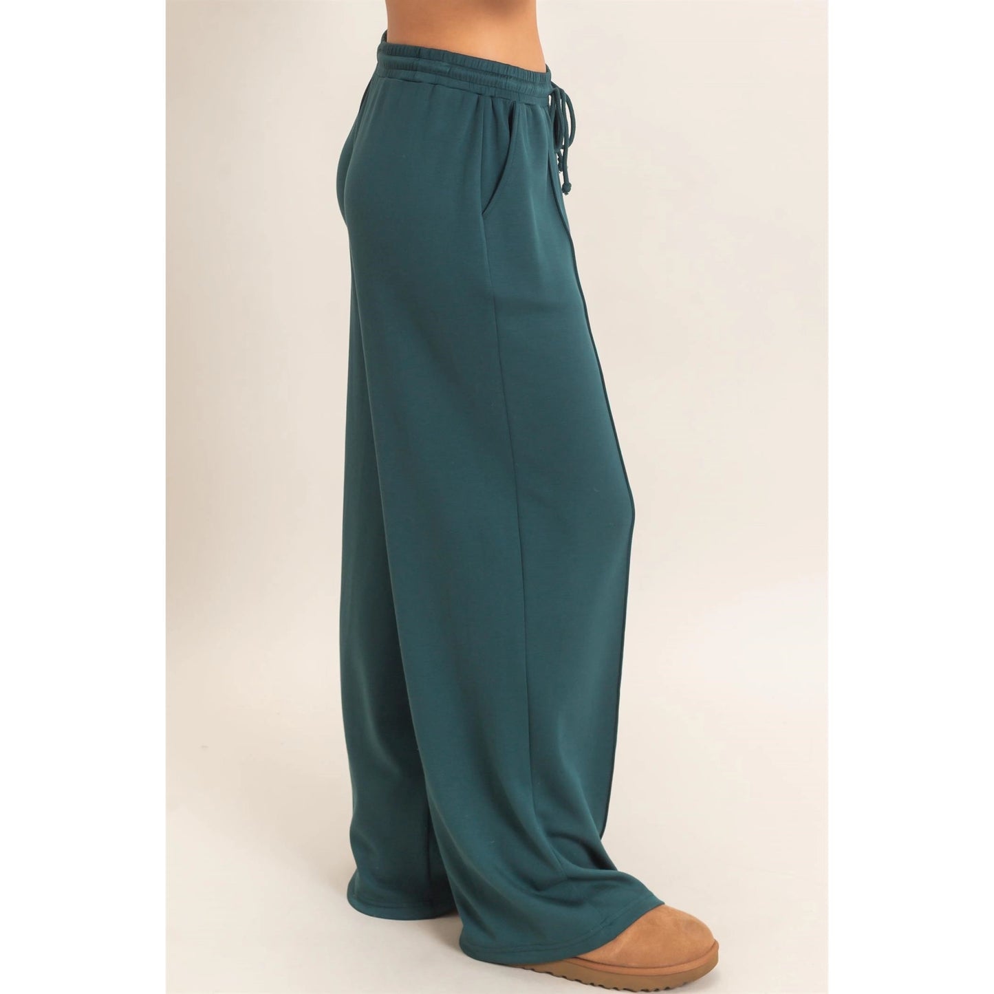 Deep Green Drawstring Waist Pintuck Wide Leg Pants