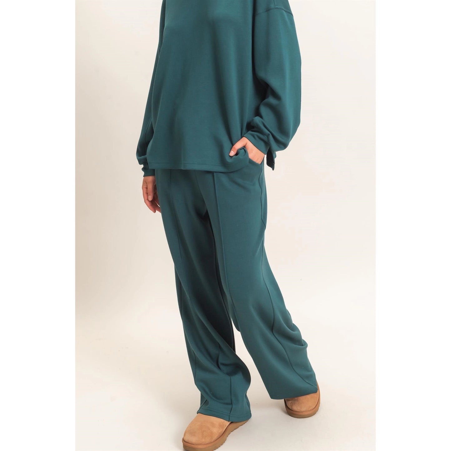 Deep Green Drawstring Waist Pintuck Wide Leg Pants