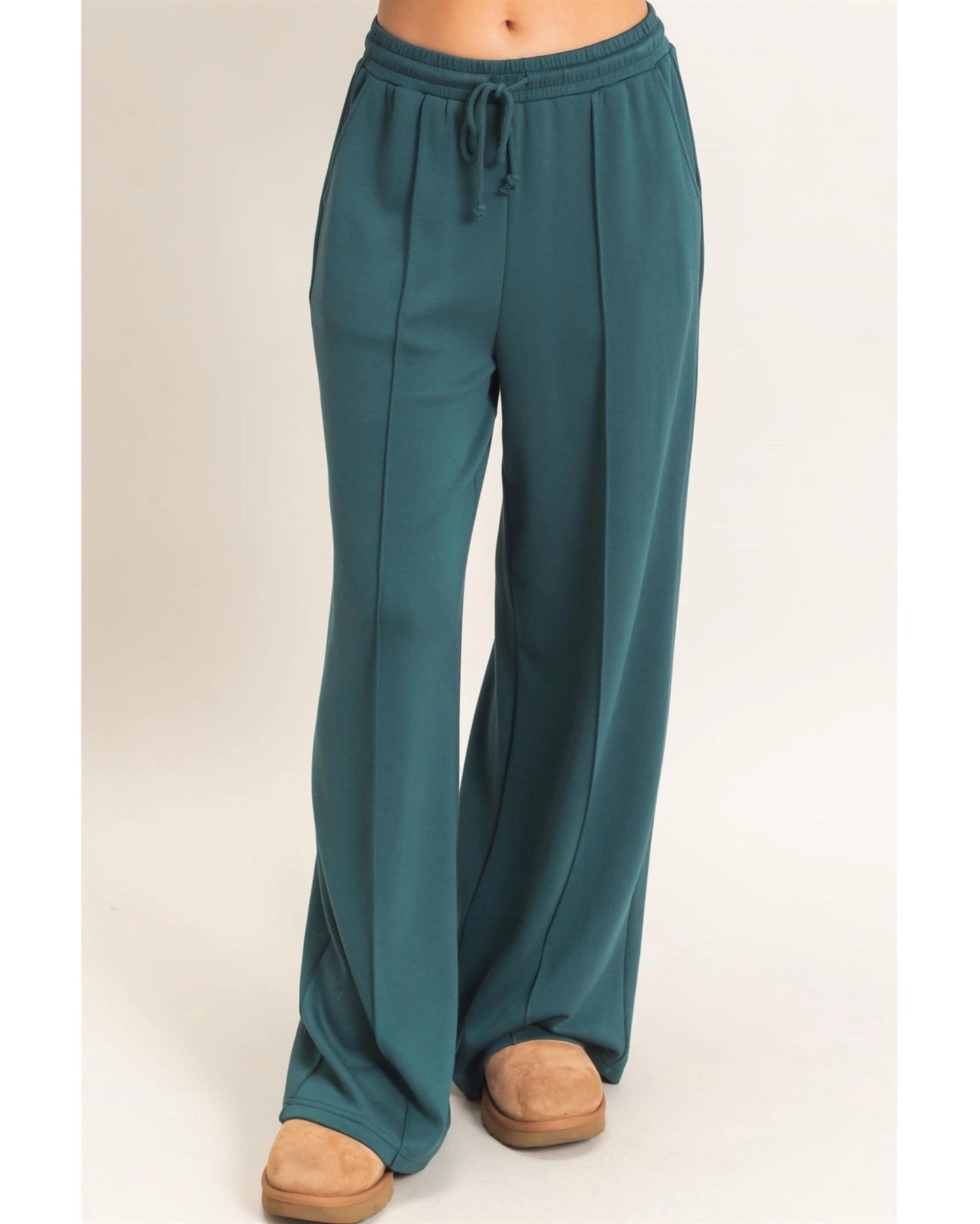Deep Green Drawstring Waist Pintuck Wide Leg Pants
