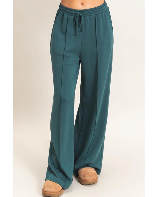 Deep Green Drawstring Waist Pintuck Wide Leg Pants
