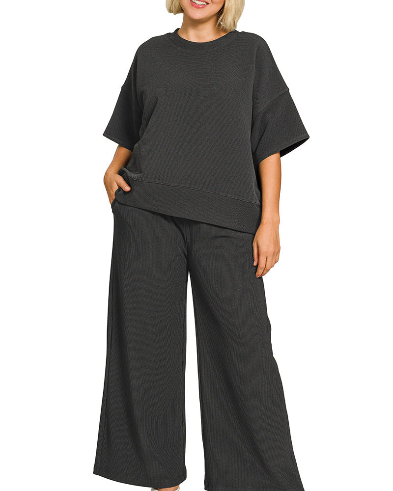 Black Ribbed Tee and Pant Set Plus