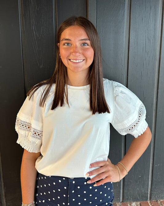 White short sleeve lace contrast top