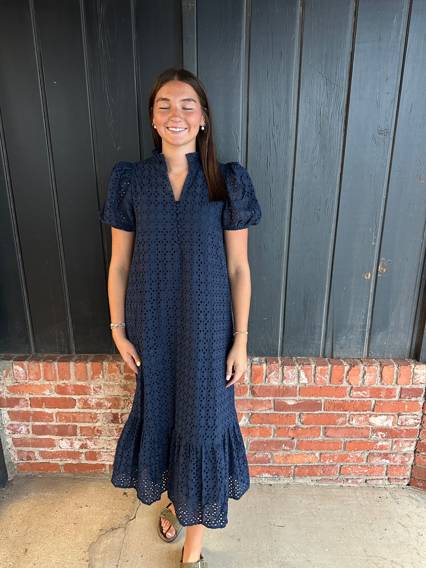 Navy eyelet short sleeve midi dress