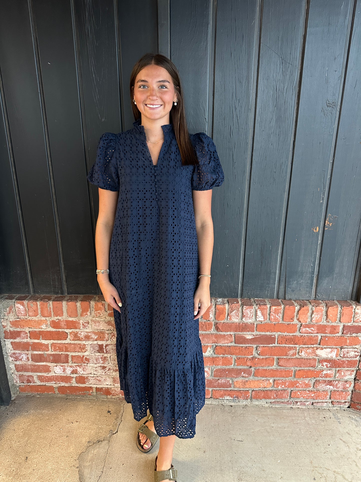 Navy eyelet short sleeve midi dress