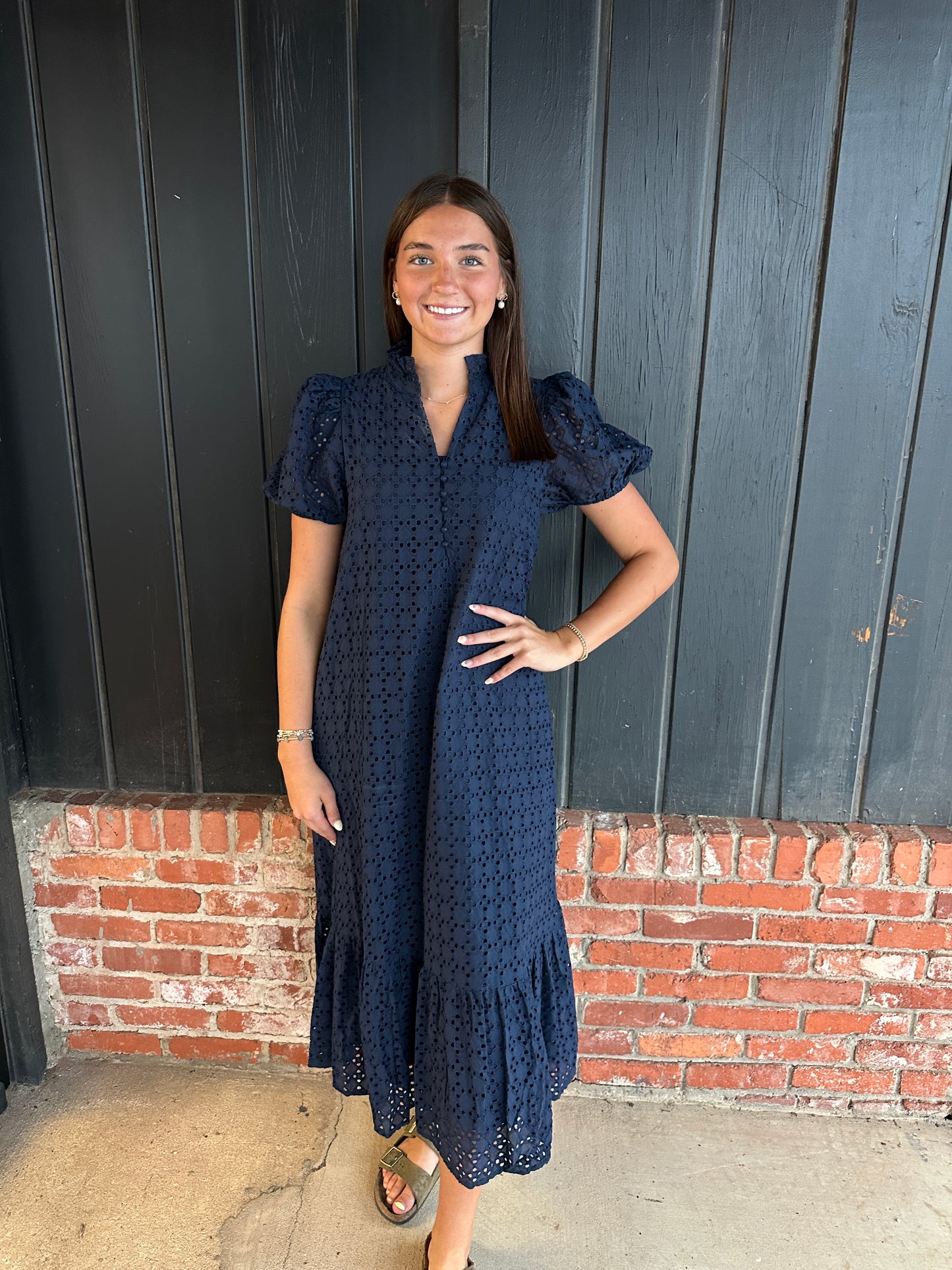 Navy eyelet short sleeve midi dress