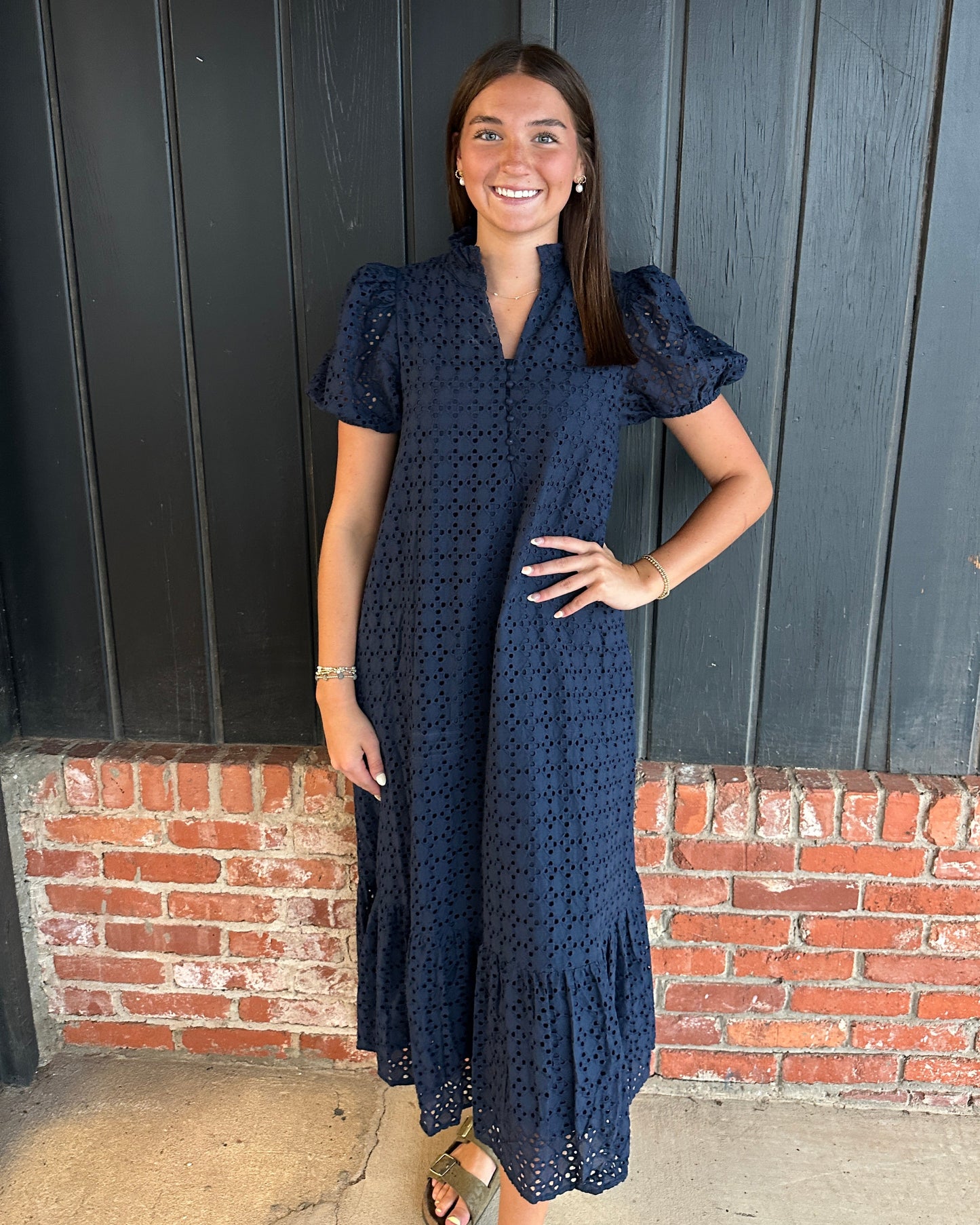 Navy eyelet short sleeve midi dress