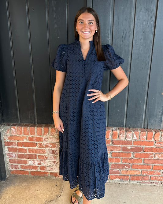 Navy eyelet short sleeve midi dress