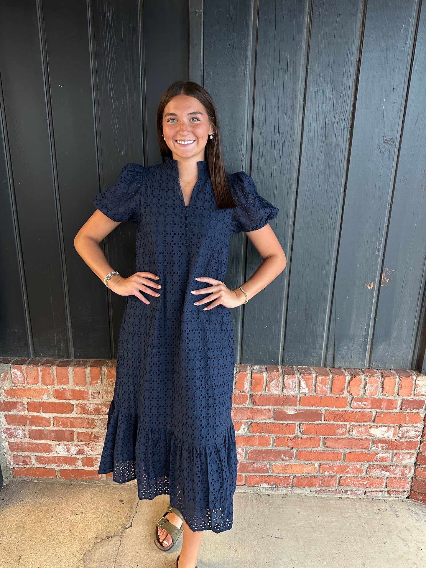 Navy eyelet short sleeve midi dress