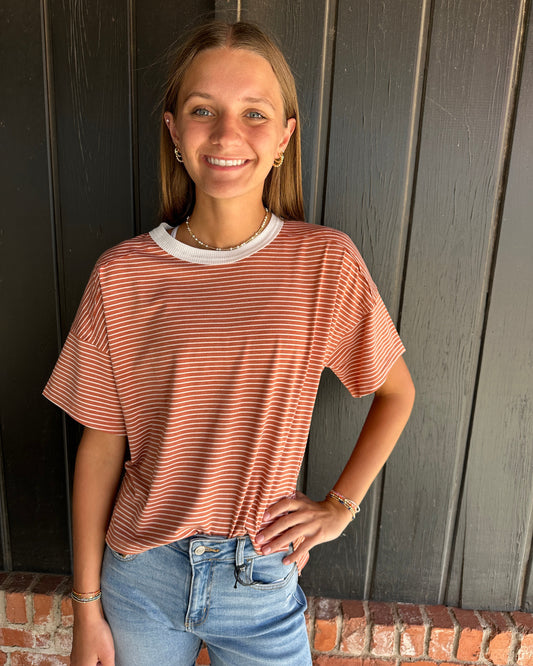 Sandstone Basic Striped Drop Shoulder Short Sleeves Top