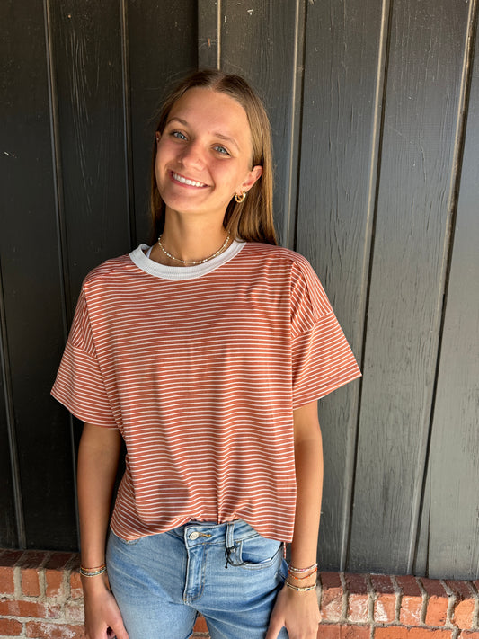 Sandstone Basic Striped Drop Shoulder Short Sleeves Top