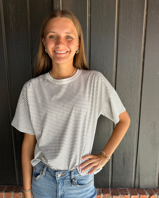 Grey Basic Striped Drop Shoulder Short Sleeves Top