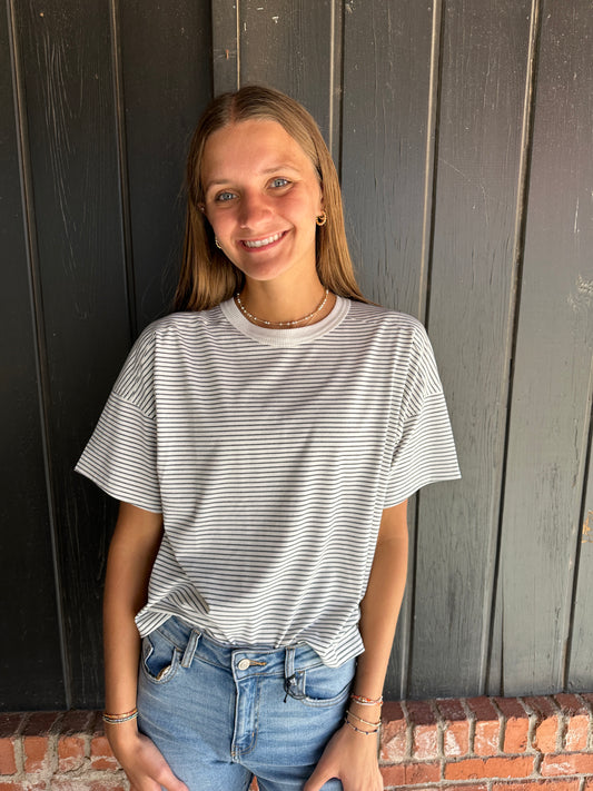 Grey Basic Striped Drop Shoulder Short Sleeves Top