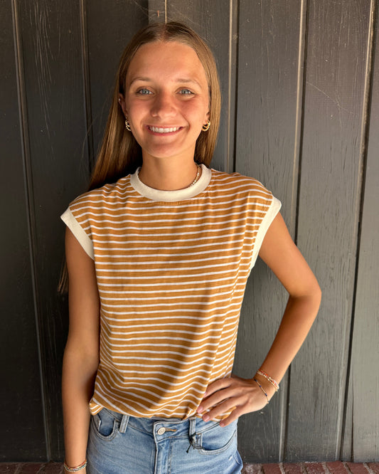 Mustard Nautical Cap Sleeve Striped Top