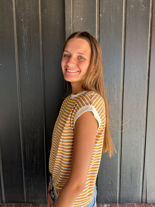 Mustard Nautical Cap Sleeve Striped Top
