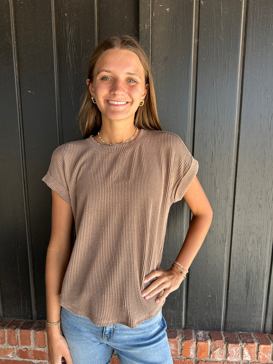 Mocha Ribbed Crew Neck Short Cuff Sleeve Knit Top