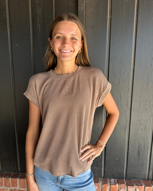 Mocha Ribbed Crew Neck Short Cuff Sleeve Knit Top