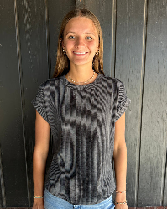 Charcoal Ribbed Crew Neck Short Cuff Sleeve Knit Top