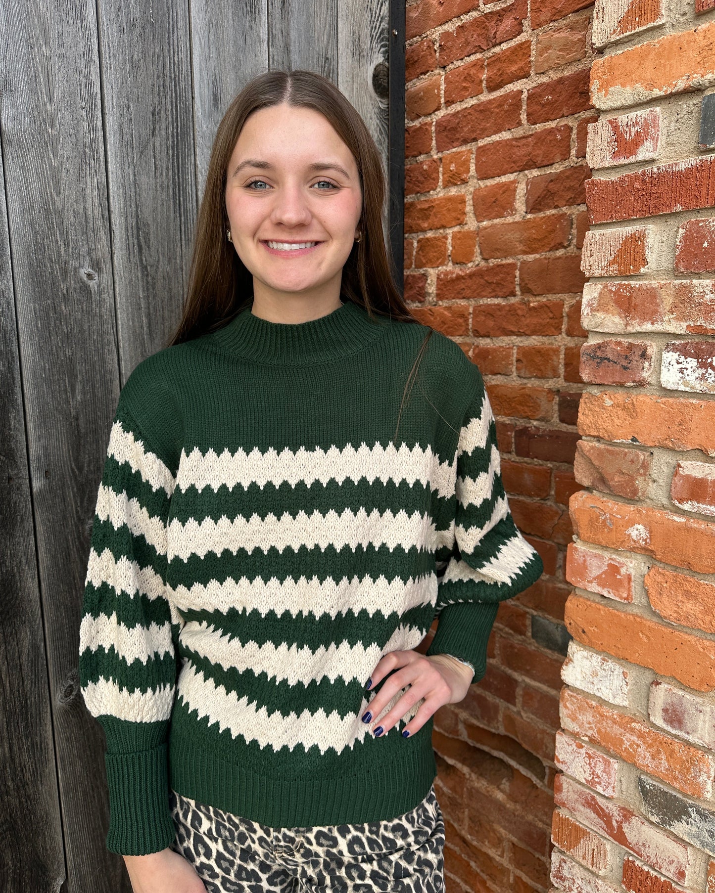 Dark Green Ribbed Mock Neck Textured Striped Knitted Sweater