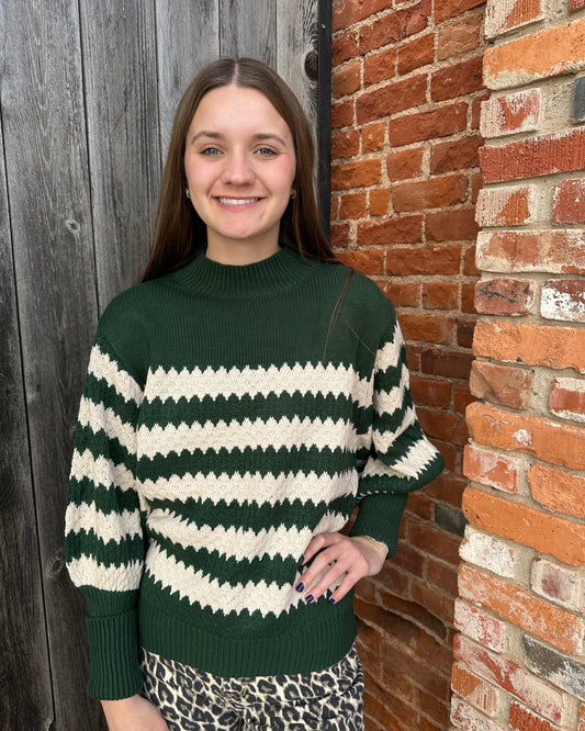 Dark Green Ribbed Mock Neck Textured Striped Knitted Sweater