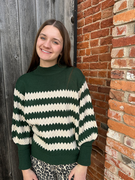 Dark Green Ribbed Mock Neck Textured Striped Knitted Sweater