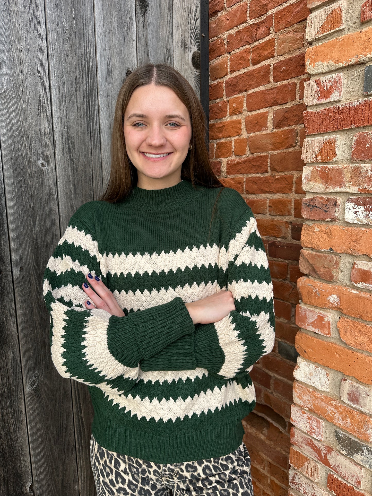 Dark Green Ribbed Mock Neck Textured Striped Knitted Sweater