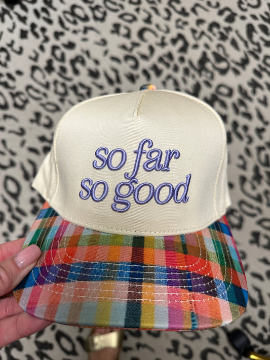 So Far So Good Plaid Trucker Hat