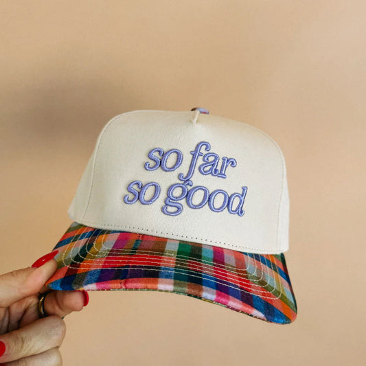 So Far So Good Plaid Trucker Hat