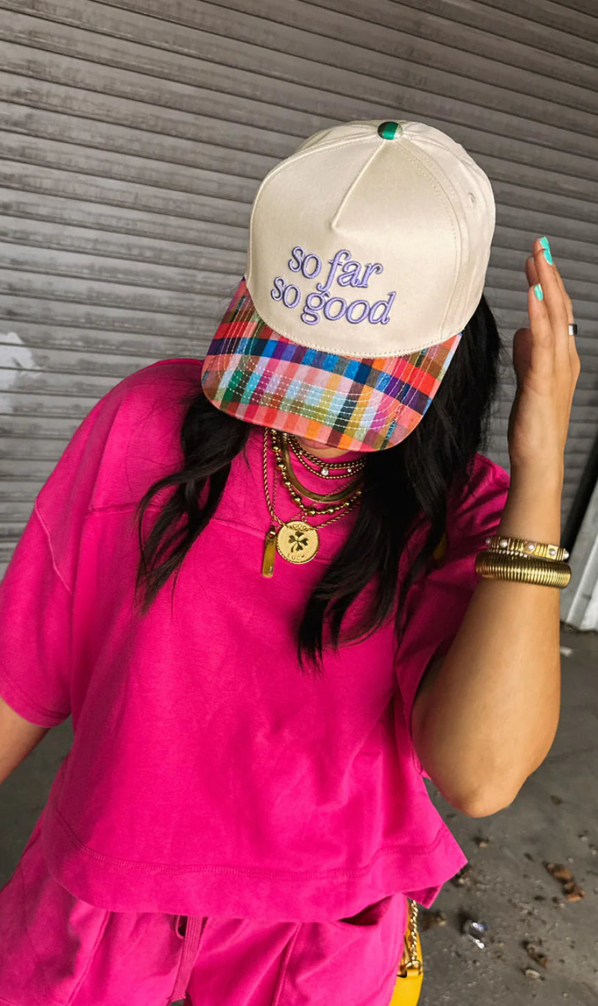 So Far So Good Plaid Trucker Hat