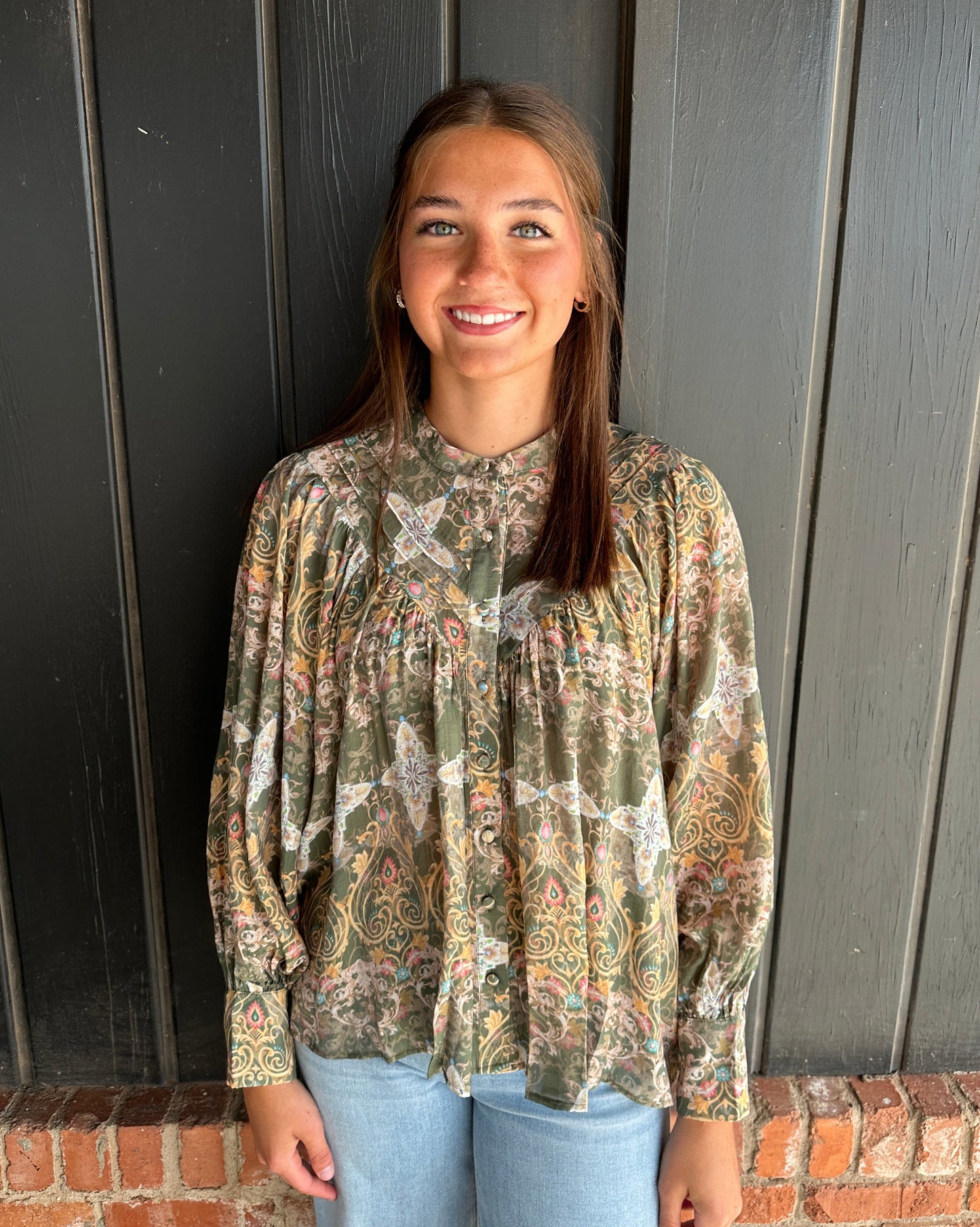 Olive Print button down blouse