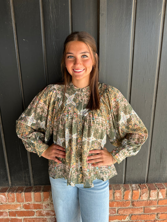 Olive Print button down blouse
