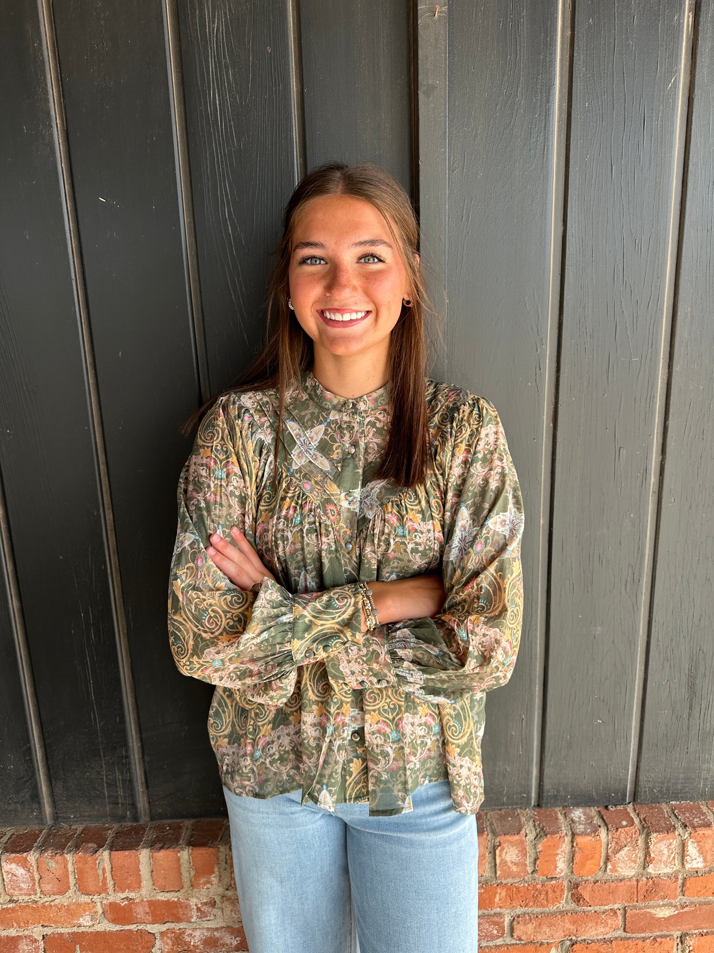Olive Print button down blouse