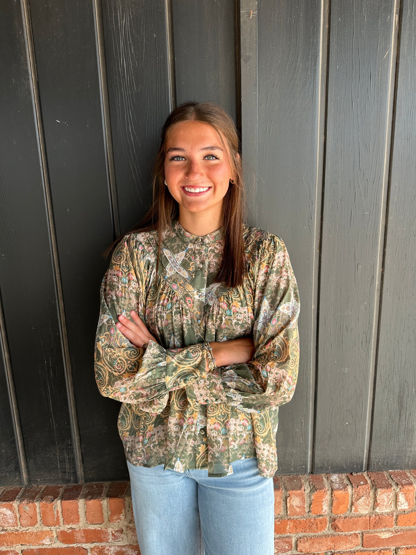 Olive Print button down blouse