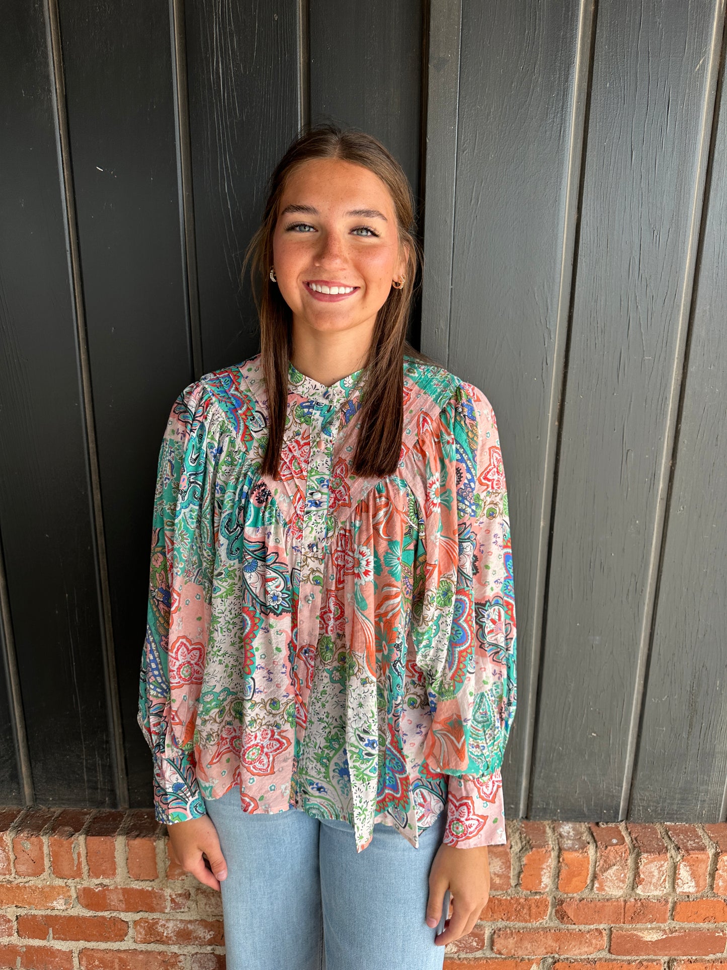 Apricot Patchwork print button down blouse
