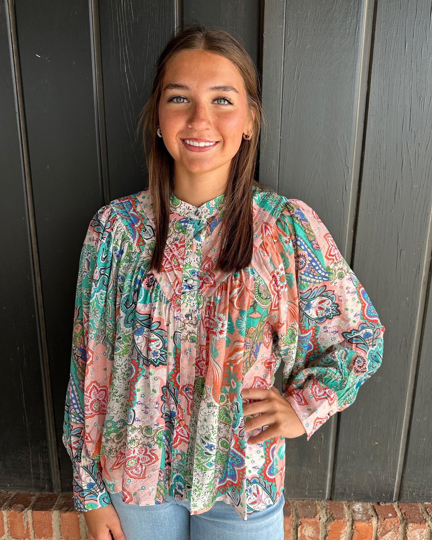 Apricot Patchwork print button down blouse