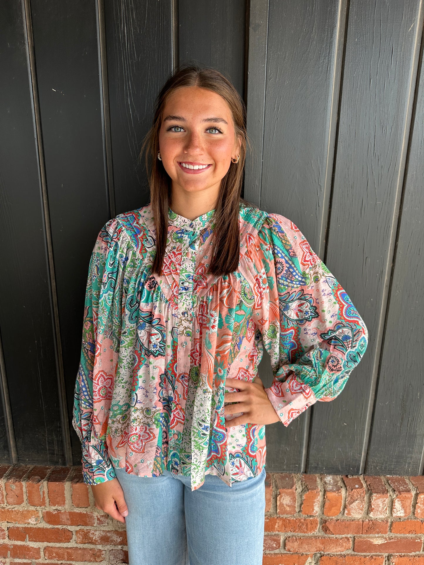 Apricot Patchwork print button down blouse