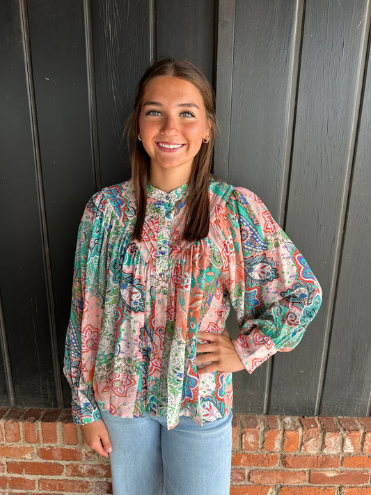 Apricot Patchwork print button down blouse