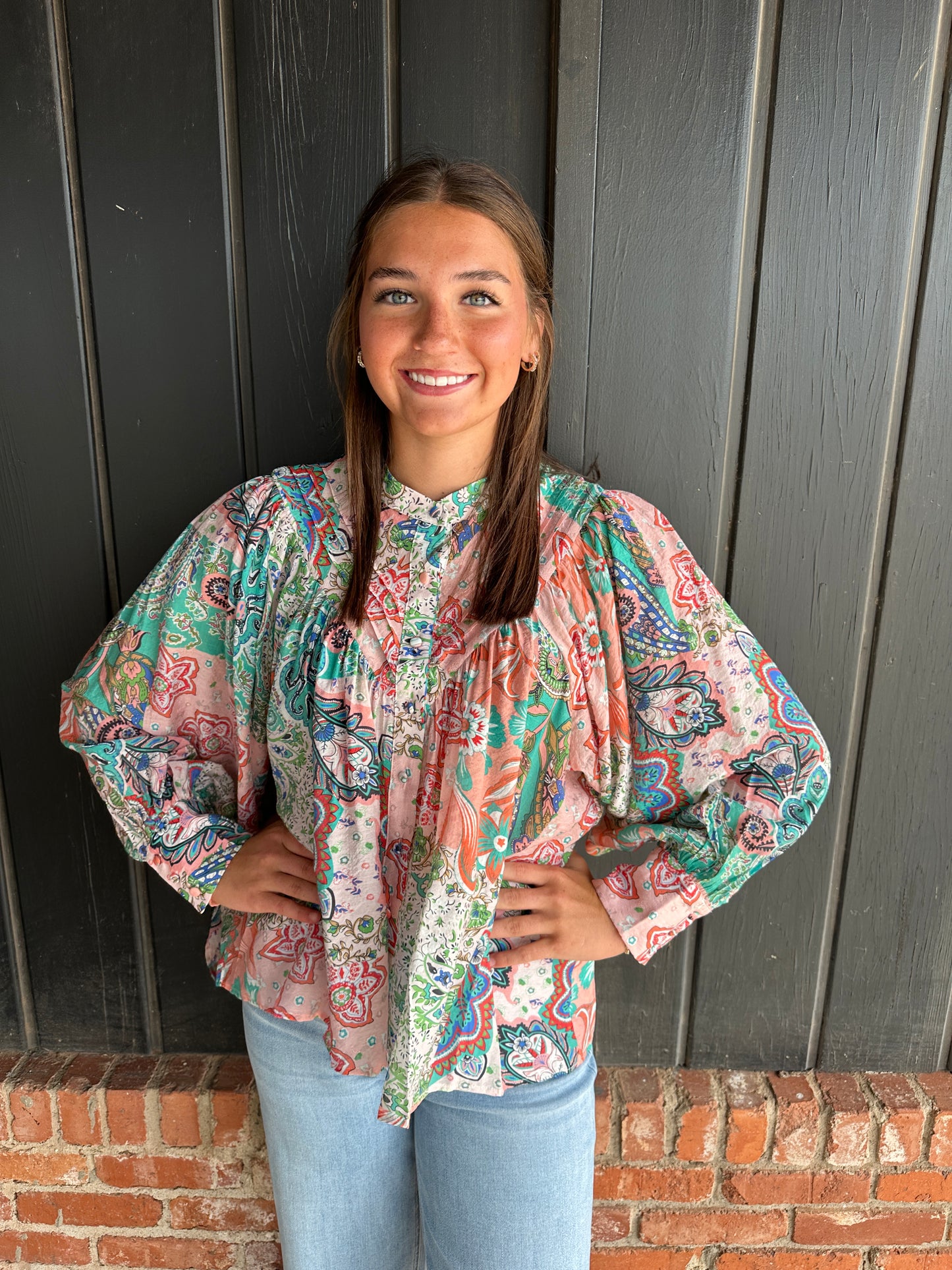 Apricot Patchwork print button down blouse