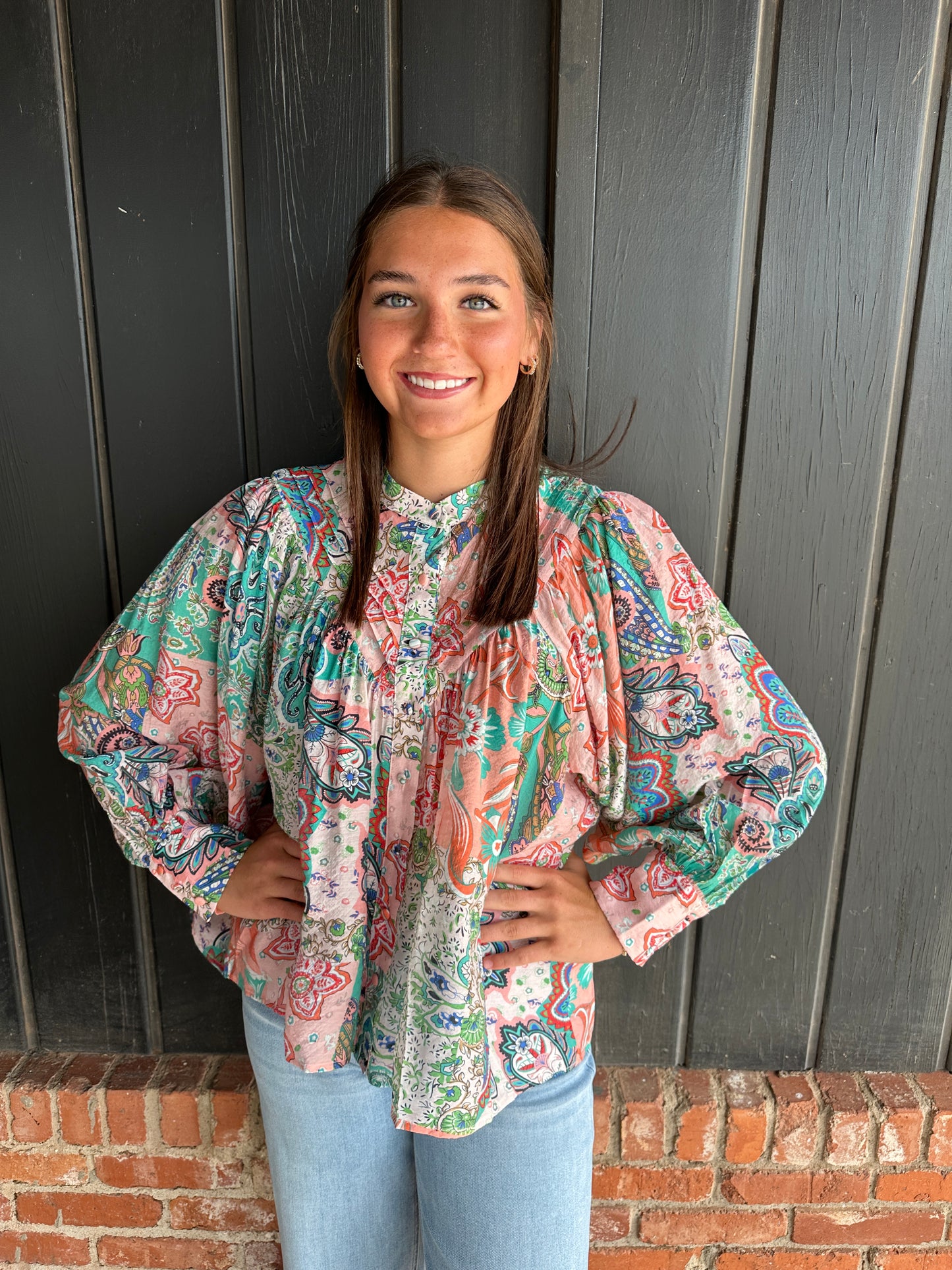 Apricot Patchwork print button down blouse