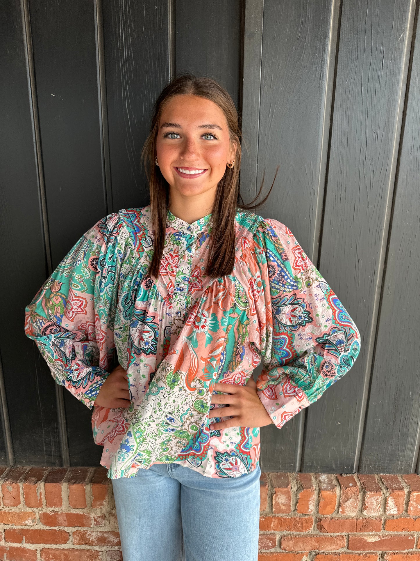 Apricot Patchwork print button down blouse