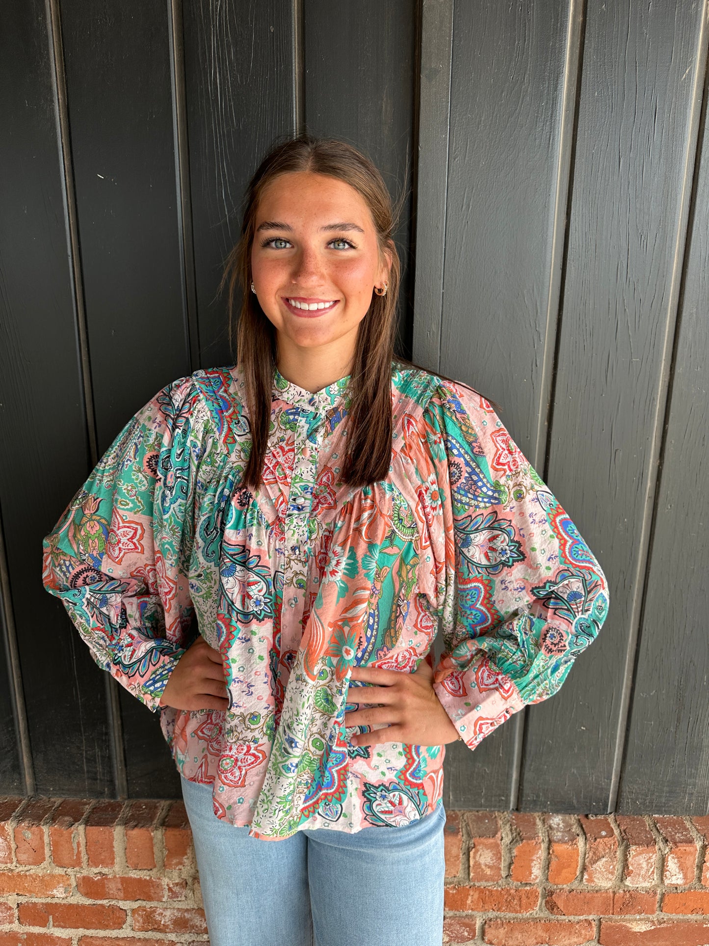 Apricot Patchwork print button down blouse