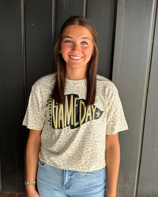 Pennant Game Day Leopard Tee with GOLD Glitter Puff