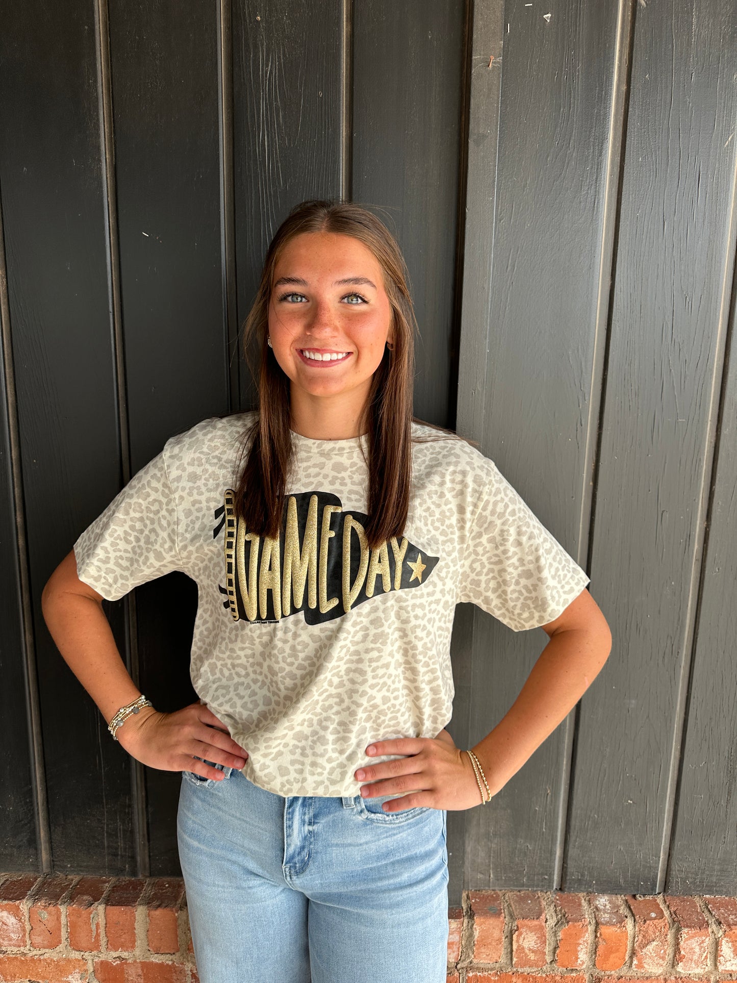 Pennant Game Day Leopard Tee with GOLD Glitter Puff