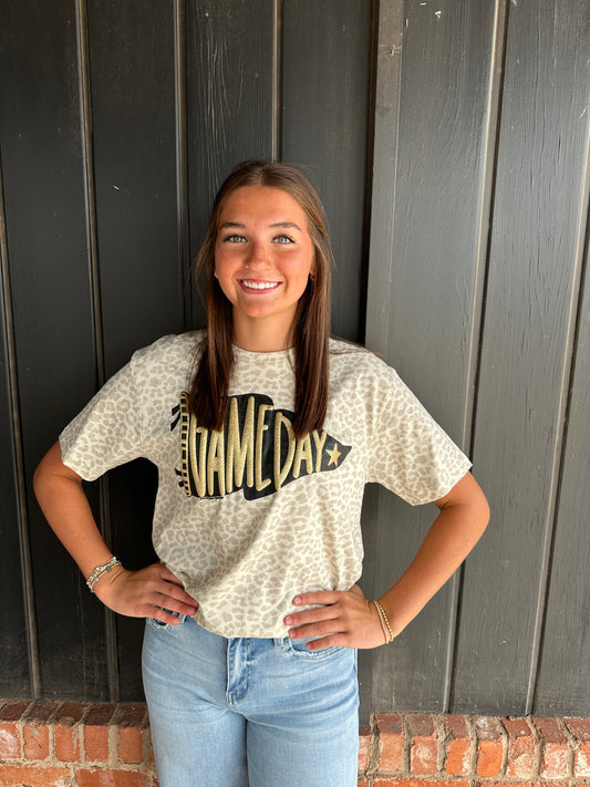 Pennant Game Day Leopard Tee with GOLD Glitter Puff