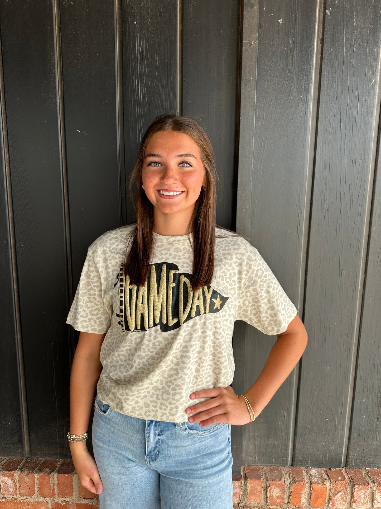 Pennant Game Day Leopard Tee with GOLD Glitter Puff