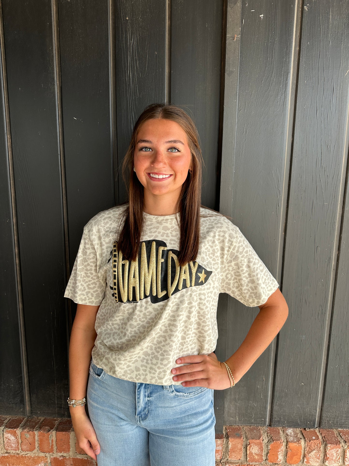 Pennant Game Day Leopard Tee with GOLD Glitter Puff