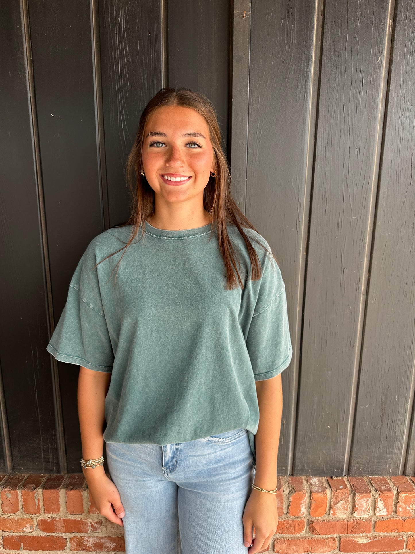Dark Teal Mineral Wash Oversized Crew Neck T-Shirts